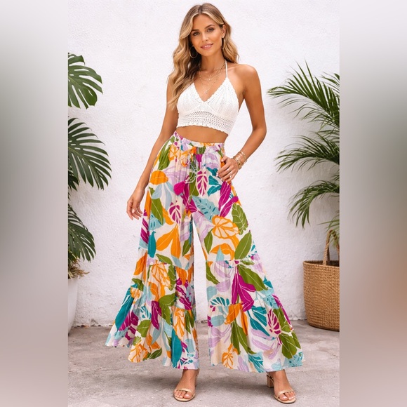 True Destinations Pants - True Destinations Resort Wear Tropical floral coverup wide-leg palazzo pants L